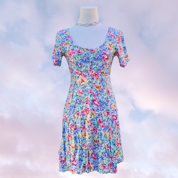 Vintage Dresses & Skirts - Colorful Floral Midi Lace Up Flowy Rayon Summer Ditsy Vacation Skater Dress Sz S